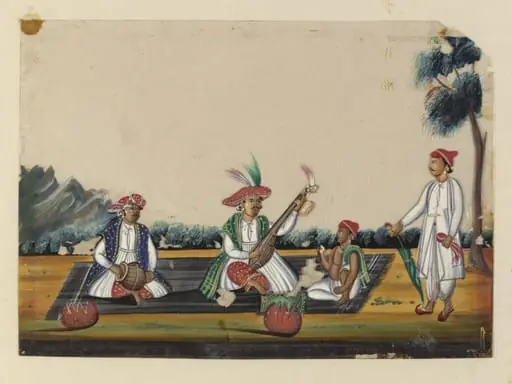 Three seated musicians and an onlooker
