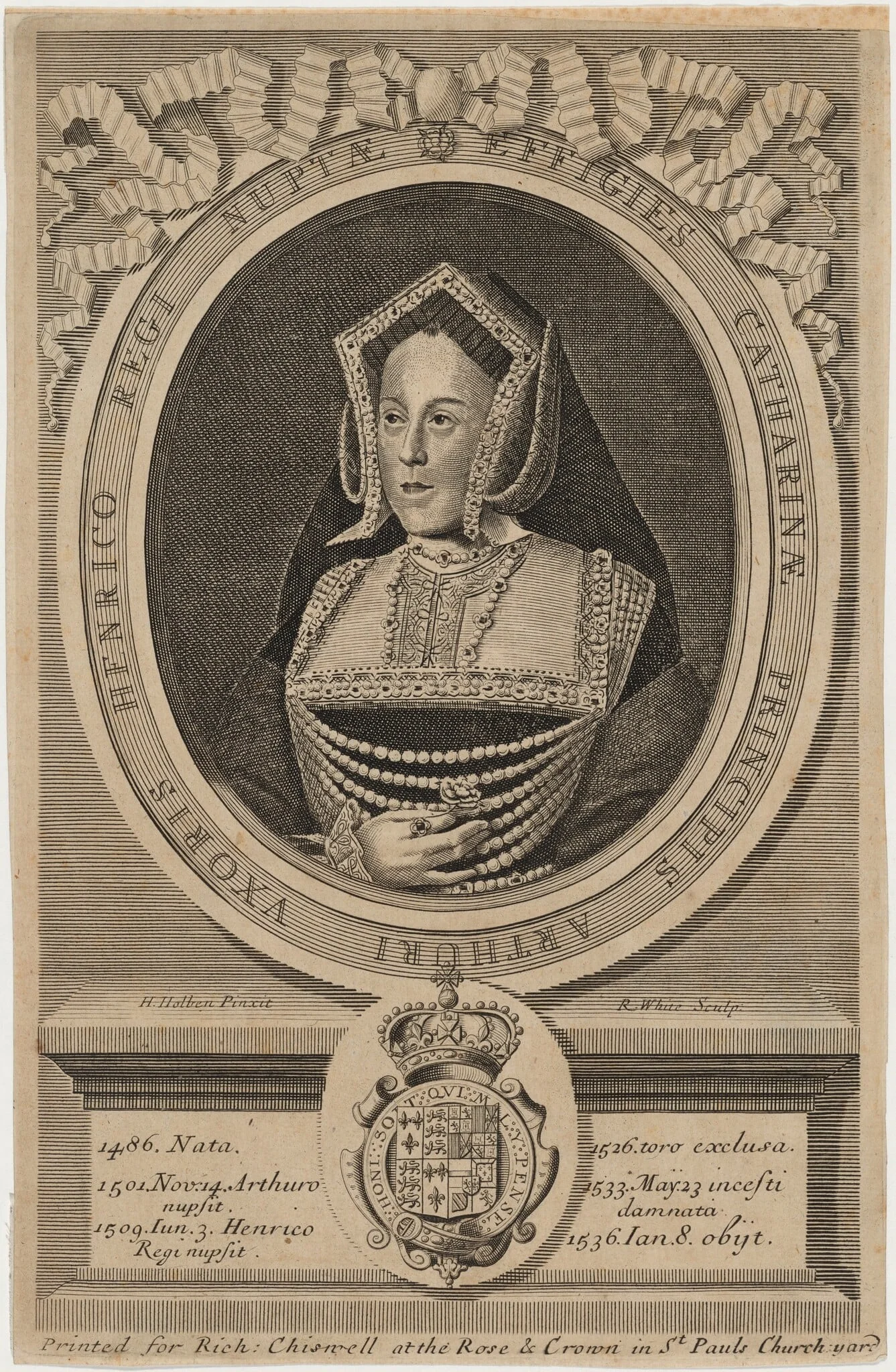 Catherine of Aragon, First Wife of Henry VIII, by Robert White, ink, 1681