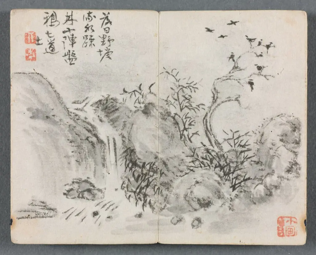 Miniature Album with Figures and Landscape (Waterfall Landscape)