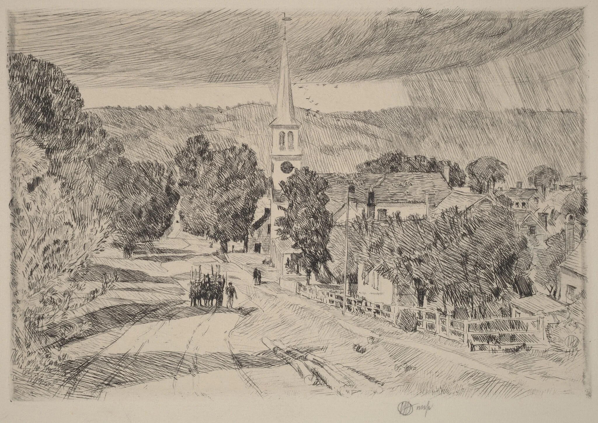 A Vermont Village, by Childe Hassam, ink, 1923