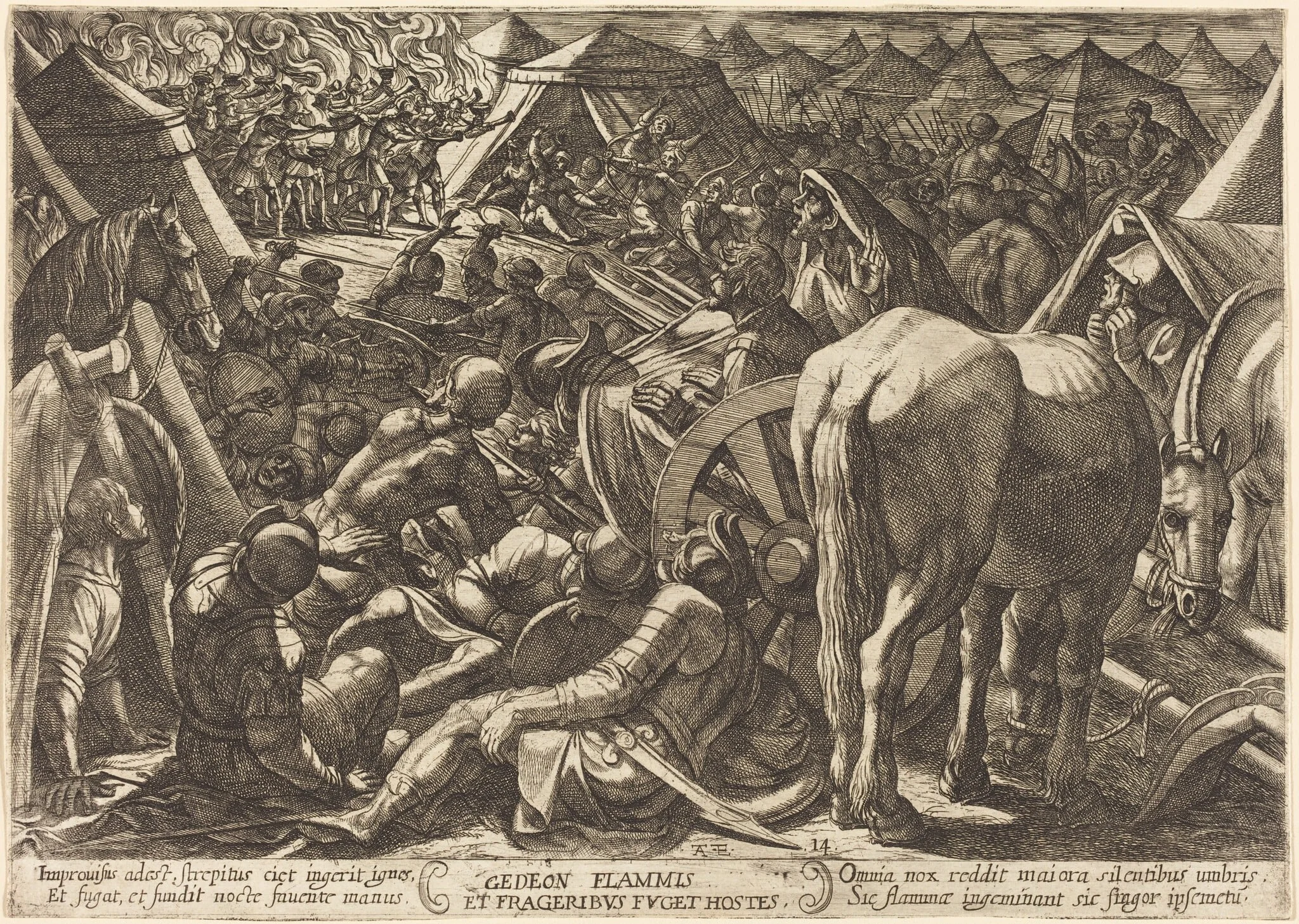 Gideon Frightens His Enemies in Their Camp, by Antonio Tempesta, ink, 1613