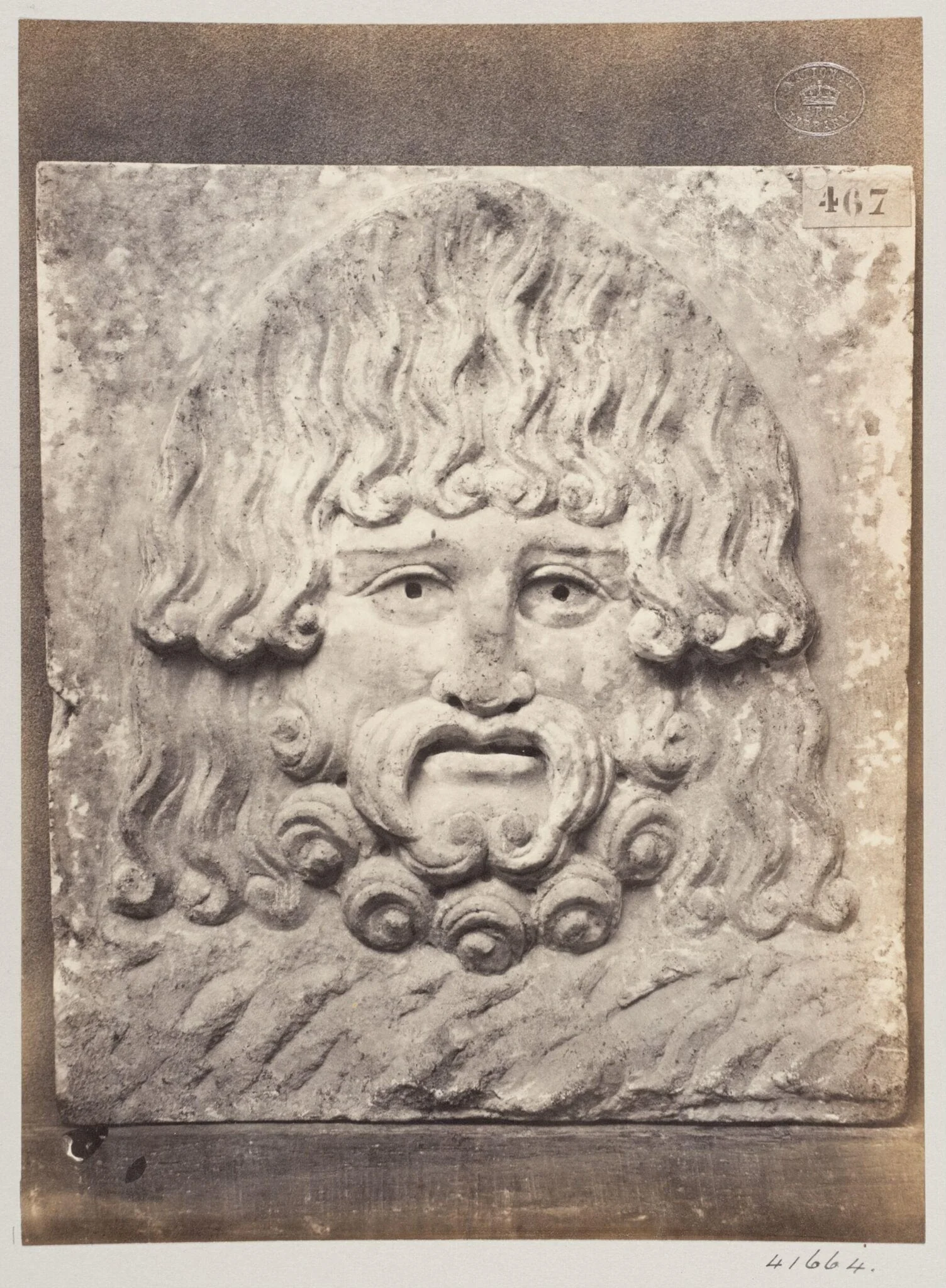 Bas-relief masque of Jupiter Pluvius in marble, by Louise Laffon, photographic, 1864