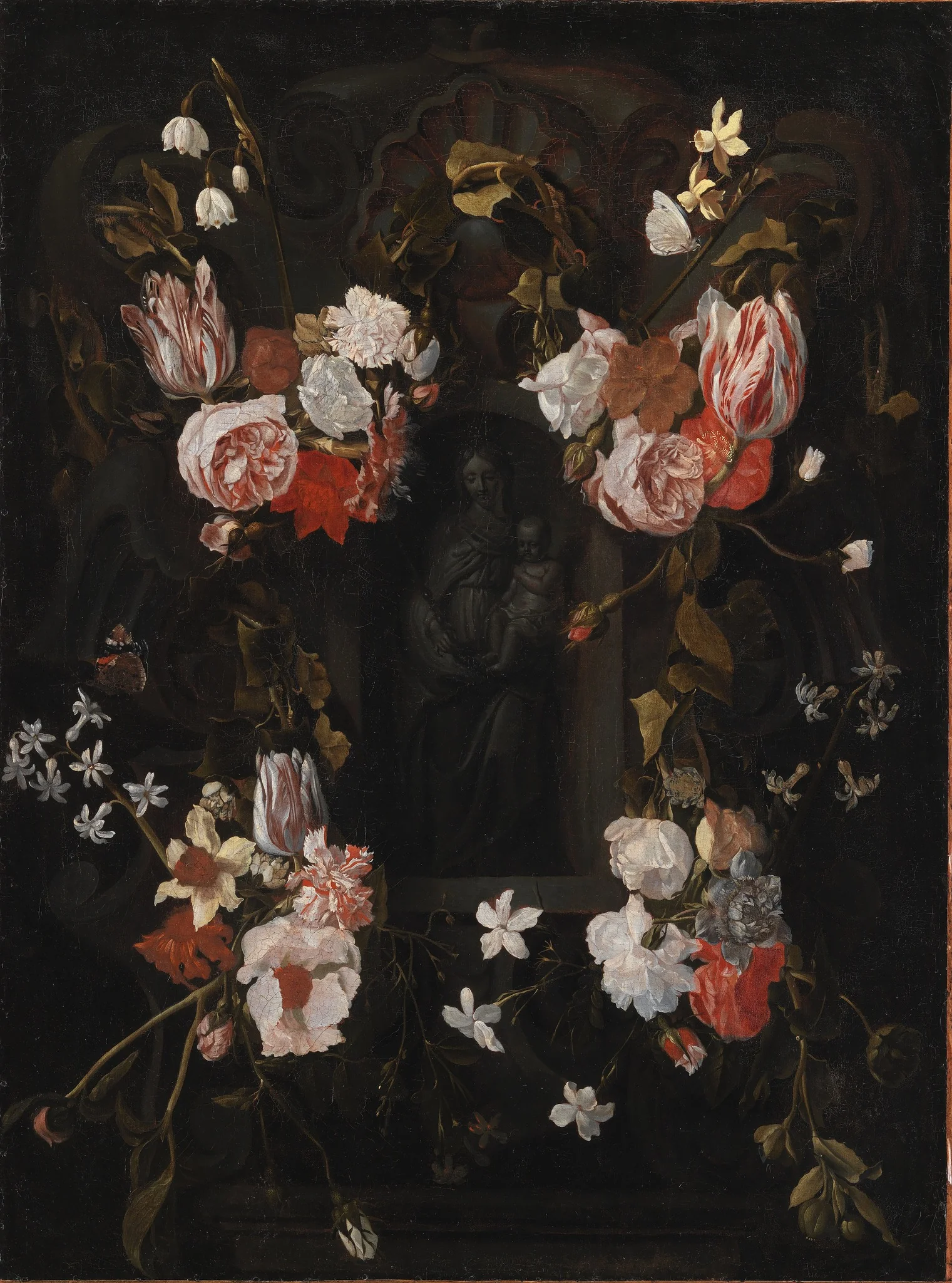 A Stone Cartouche with Virgin Mary and the Infant Christ in a Niche encircled by a Garland of Flowers, by Unknown, oil