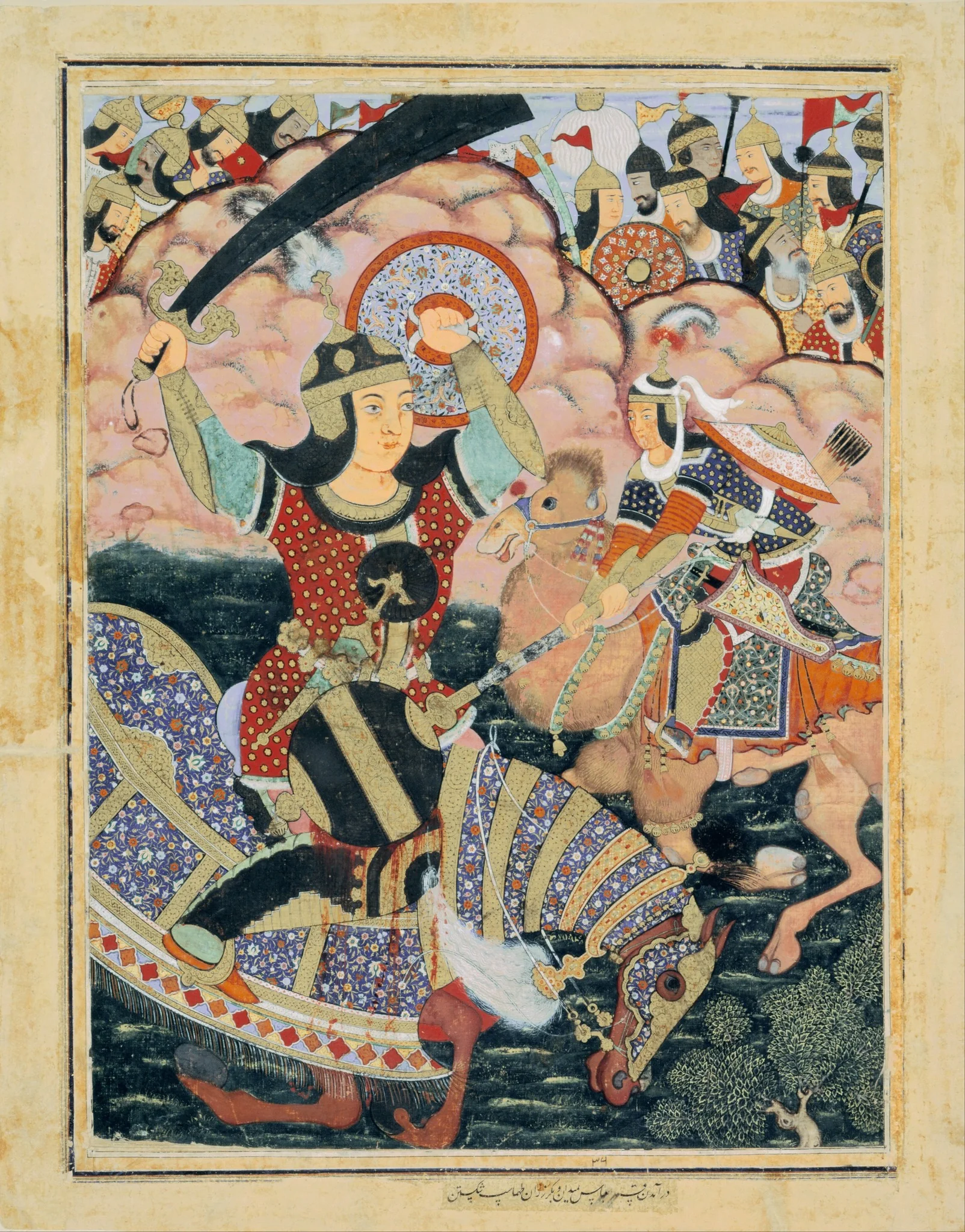 Qasam al-Abbas Arrives from Mecca and Crushes Tahmasp with a Mace, by Mahesh, watercolor, 1562