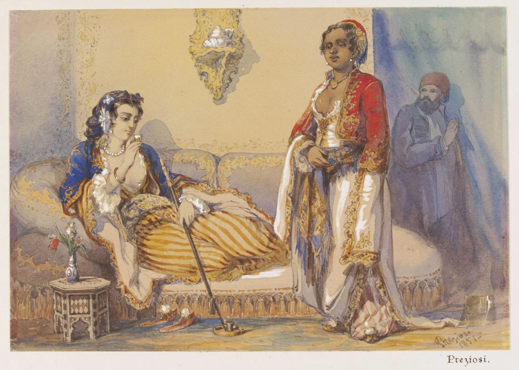 Interior of a Harem, by Aloysius Rosarius Amadeus Raymondus Andreas Preziosi, watercolor, 1851