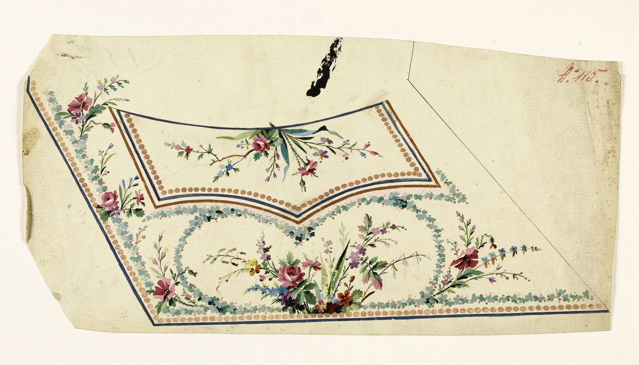Composition avec récif de fleurs dans un cartouche de feuilles, frises de perles noisettes, projets de broderies de gilet, XVIIIème siècle