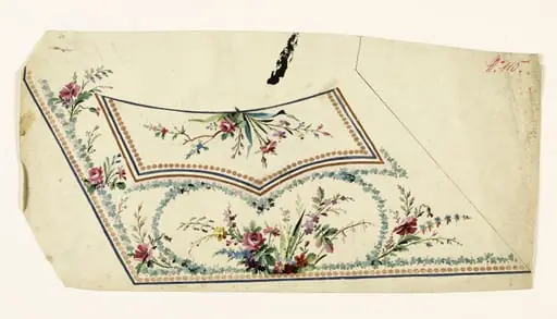 Composition avec récif de fleurs dans un cartouche de feuilles, frises de perles noisettes, projets de broderies de gilet, XVIIIème siècle