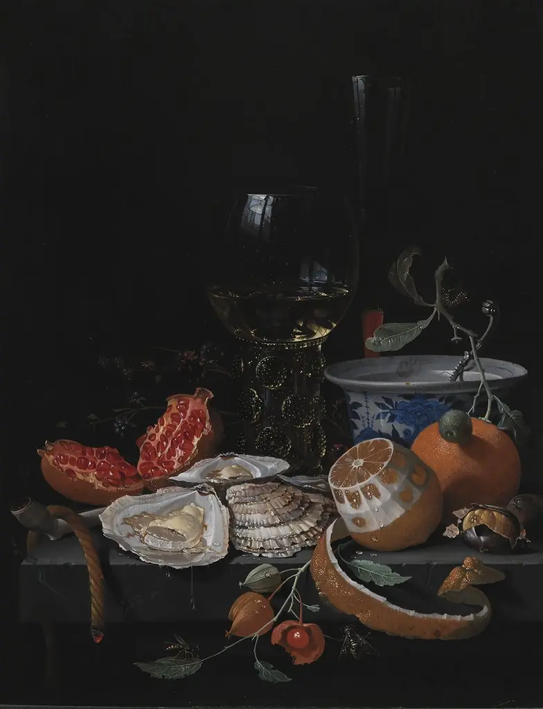 Oysters, Fruit and a Wineglass on a Stone Table
