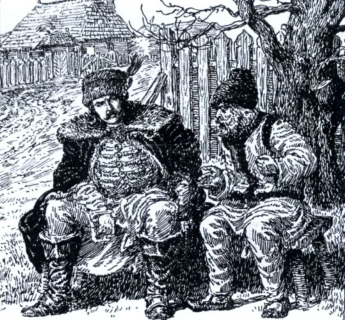 Tudor și moș Mitru, ilustrație la volumul „Neamul Șoimăreștilor” de Mihail Sadoveanu, by Aristomene Murnu-Gheorghiades, 1949