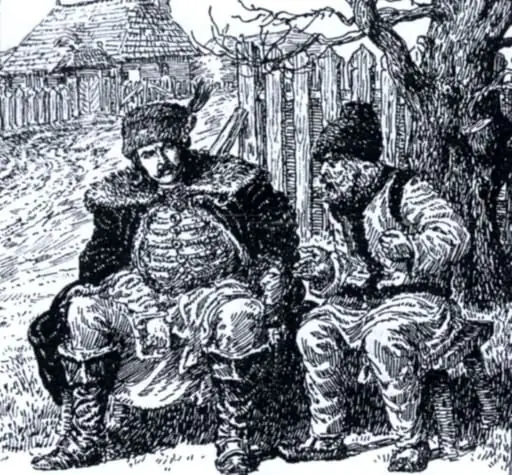 Tudor și moș Mitru, ilustrație la volumul „Neamul Șoimăreștilor” de Mihail Sadoveanu