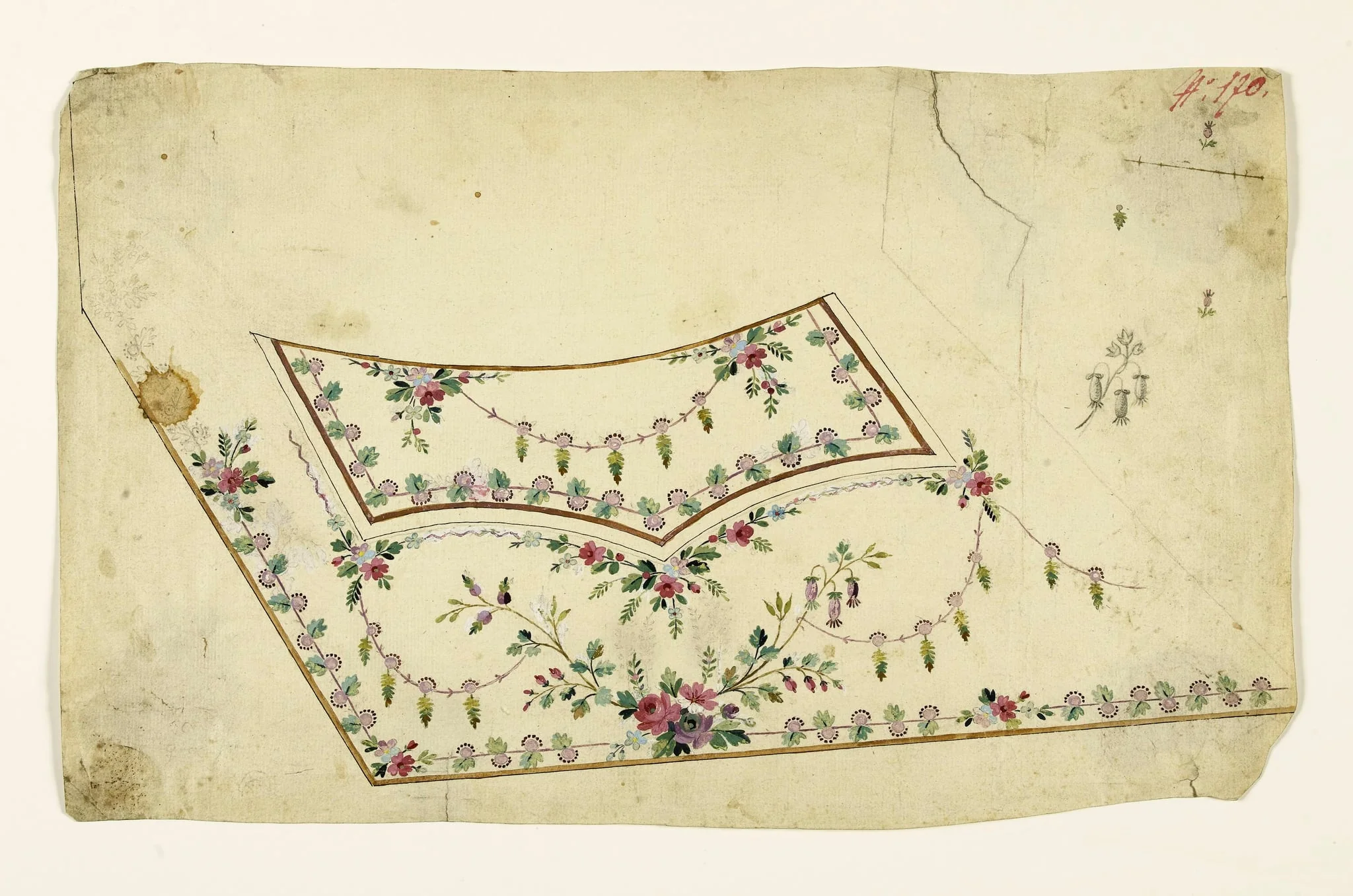 Composition avec bouquet de fleurs, guirlandes et frises de feuilles et de fleurs stylisées, projets de broderies de gilet, XVIIIème siècle