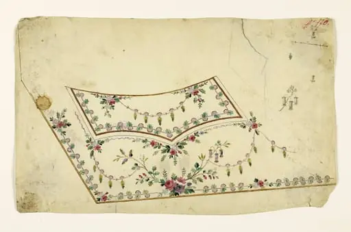 Composition avec bouquet de fleurs, guirlandes et frises de feuilles et de fleurs stylisées, projets de broderies de gilet, XVIIIème siècle