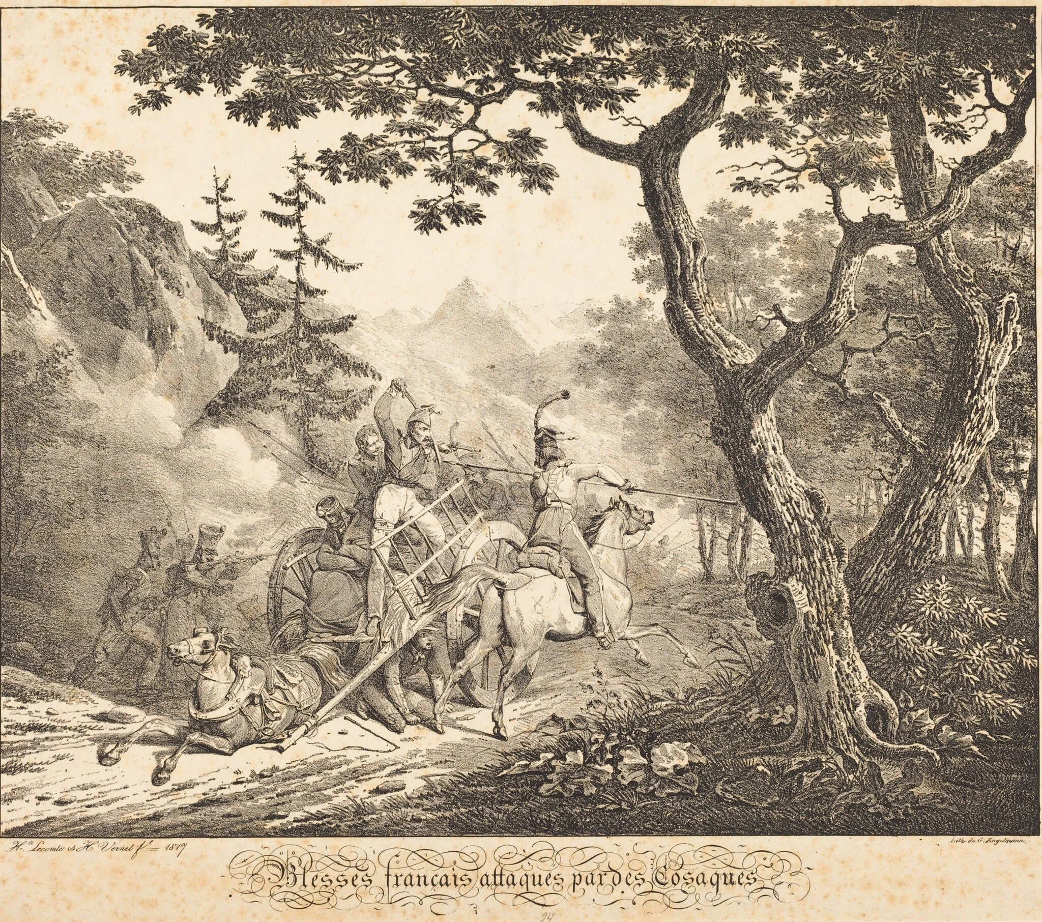 Wounded French Attacked by a Cosack, by Hippolyte Lecomte, ink, 1817