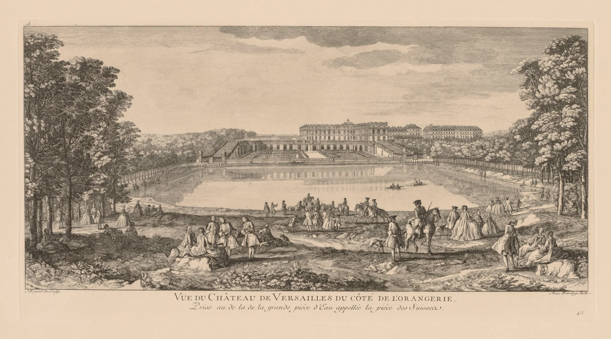 Vue du Château du Versailles, du côté de l'Orangerie, prise au delà de la pièce d'eau des Suisses, by Jacques Rigaud, 1730