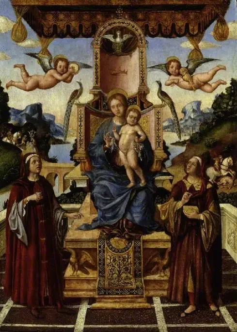 The Virgin and Child Enthroned with Saints Cosmas and Damian, Saint Eustace and Saint George in the Background