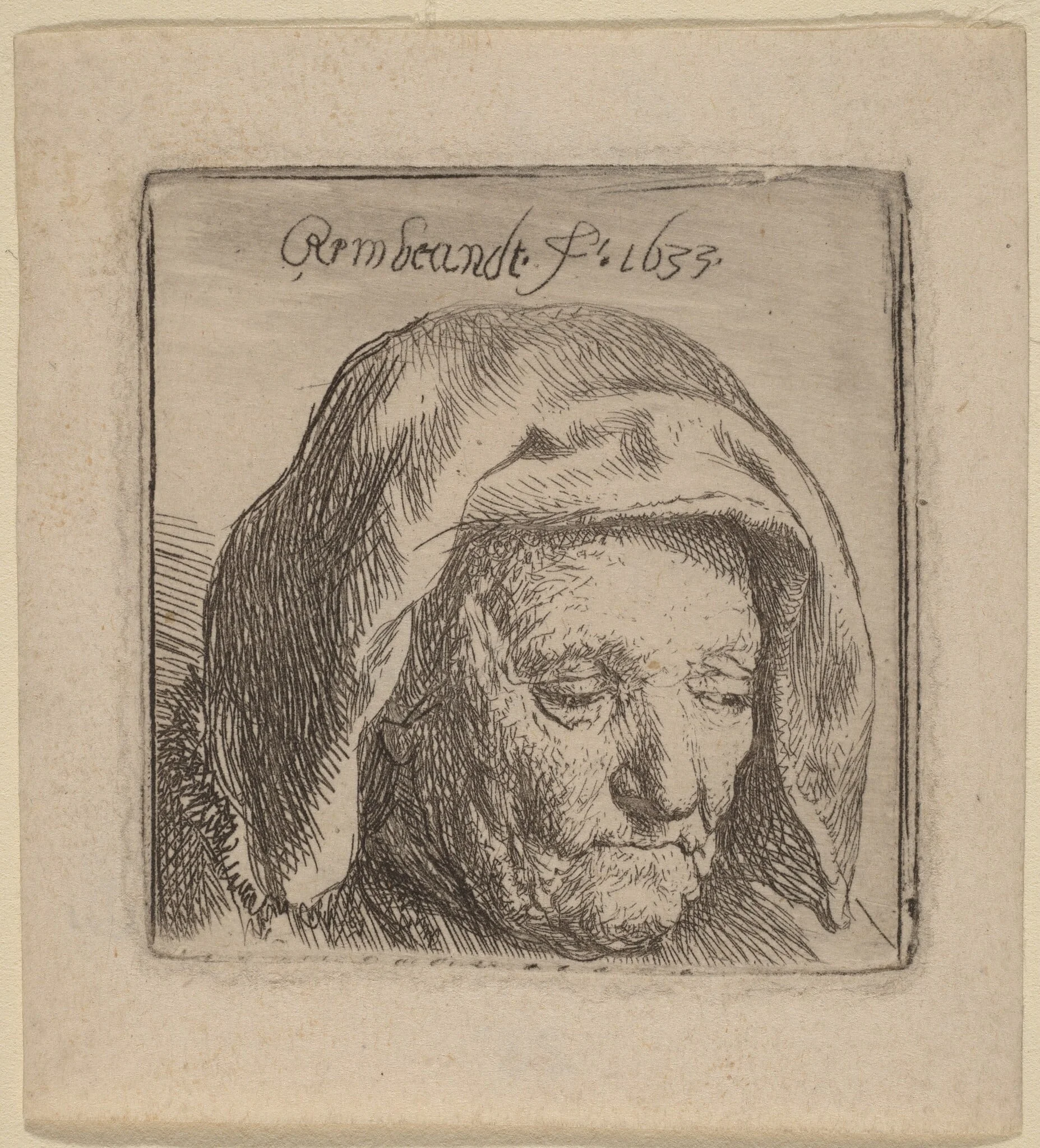 The Artist's Mother in a Cloth Headdress, Looking Down, by Rembrandt, ink, 1633