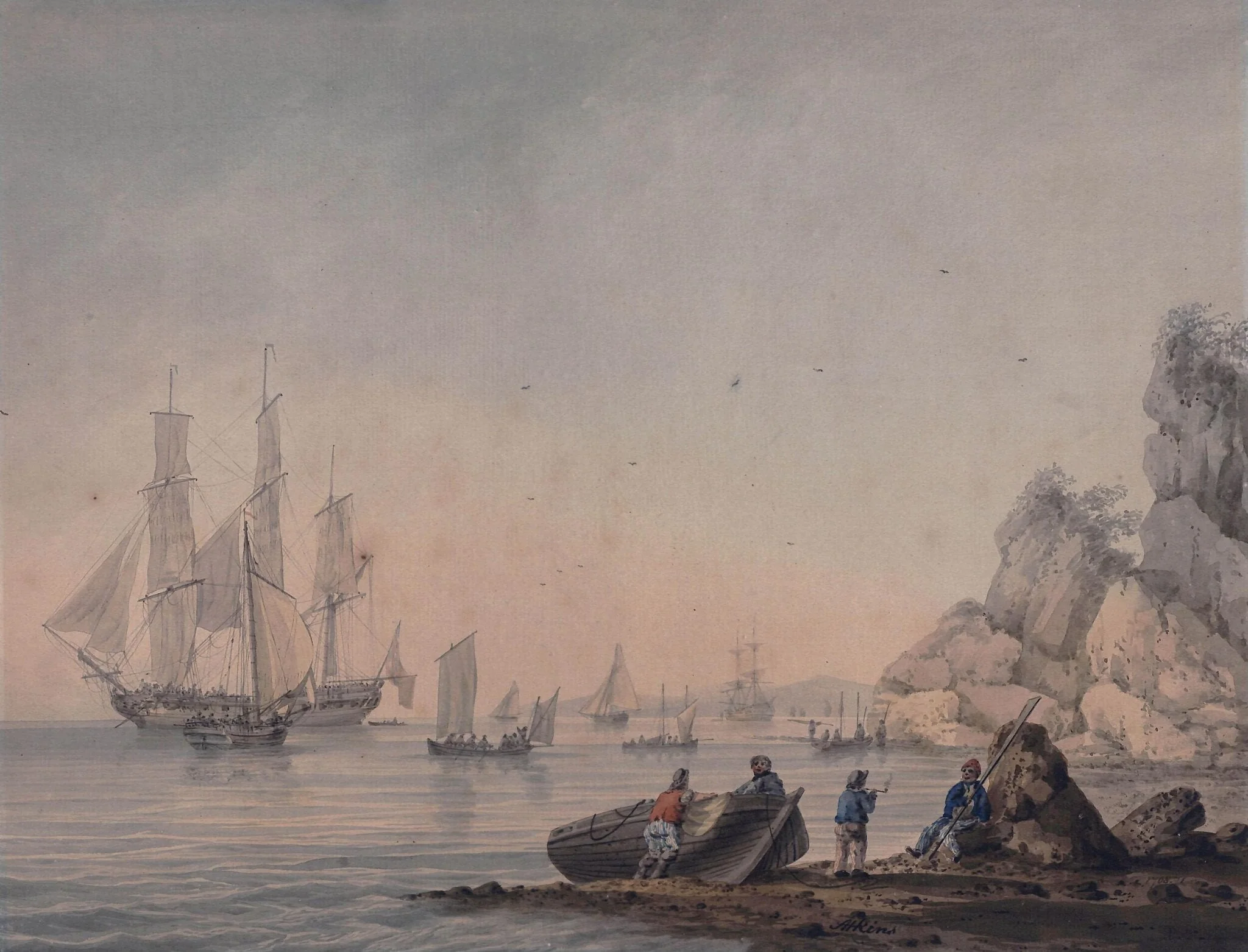 Marine View, with boats and figures on shore, by Samuel Atkins, watercolor, 1798