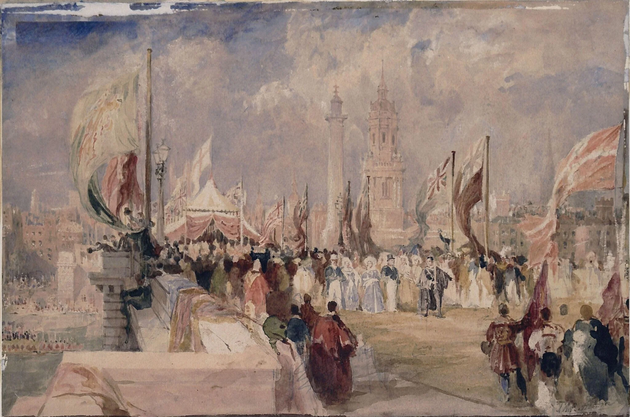 The Opening of London Bridge by King William IV and Queen Adelaide on the 1 August 1831, by Thomas Allom, watercolor, 1831
