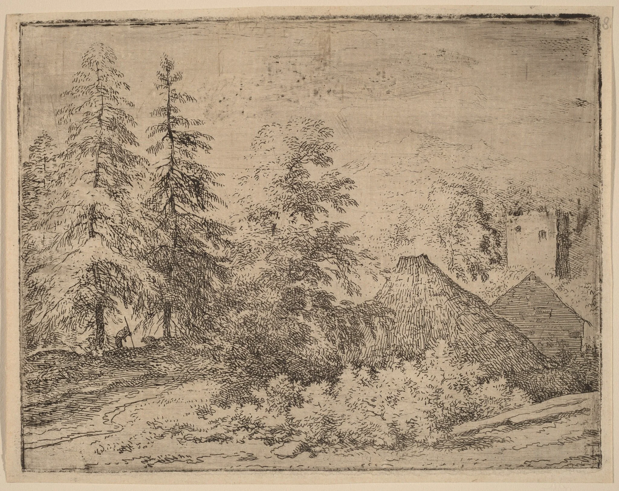 Man between Two Fir Trees, by Allart van Everdingen, ink, 1650