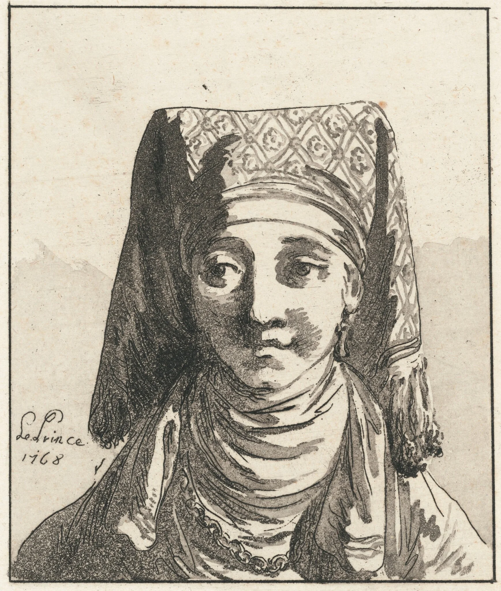 Head of a Woman, Full Face, by Jean-Baptiste Le Prince, ink, 1768