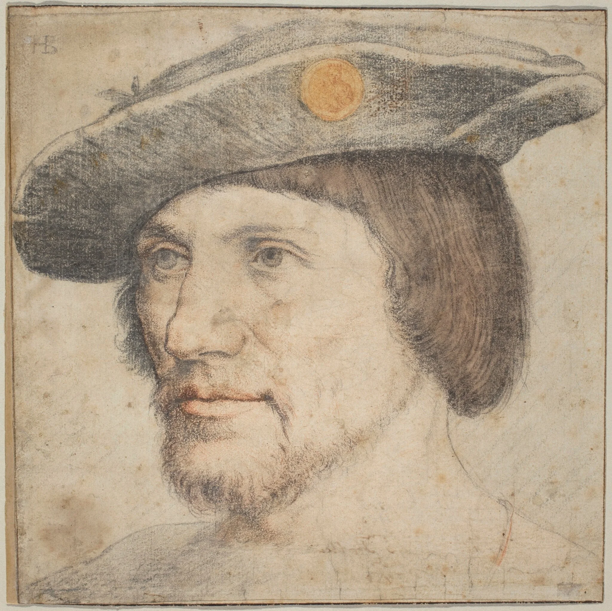 Portrait of a Man Wearing a Hat with a Medallion, by German 16th Century, chalk, 1530