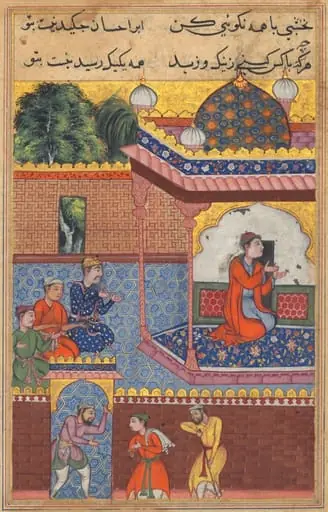 Kaiwan, Latif, and Sharif arrive at a house of worship, where they seek help from Khurshid who has become a mystical healer, from a Tuti-Nama (Tales of a Parrot): Thirty-second Night