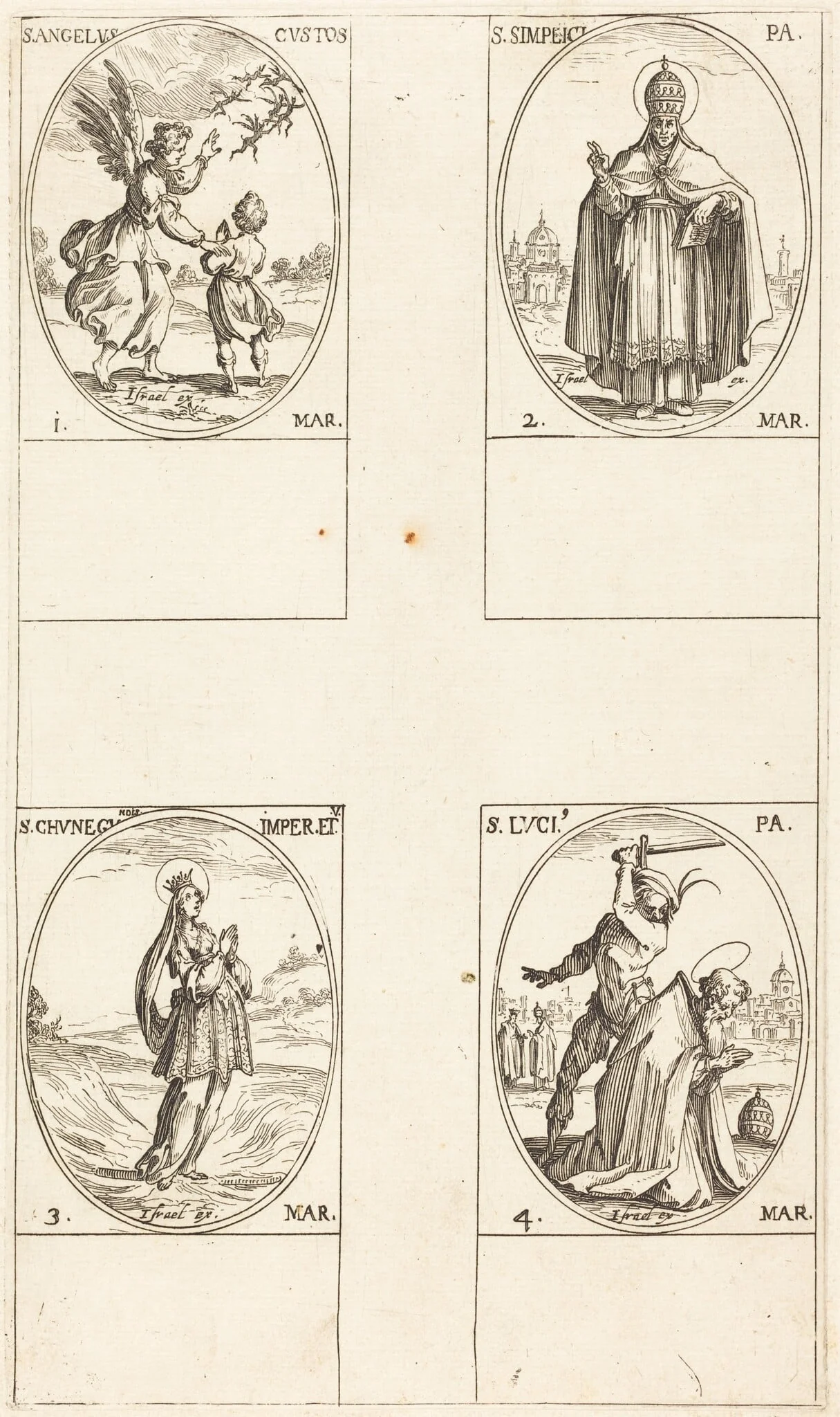 The Guardian Angel; St. Simplici; St. Cunegundes; St. Luci, by Jacques Callot, ink, 1634