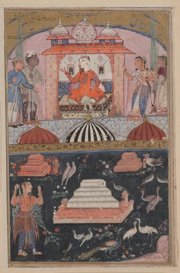 The merchant hears of his wife’s unfaithfulness (above); the unfaithful wife performs penance by plucking her hair (below), from a Tuti-nama (Tales of a Parrot): First Night, by Unknown, unspecified, 1560