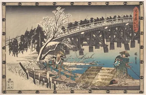 忠臣蔵　十一段目　夜打　押寄|The Loyal Ronin Crossing the Long Bridge to Embark for the Night Attack upon Moronao