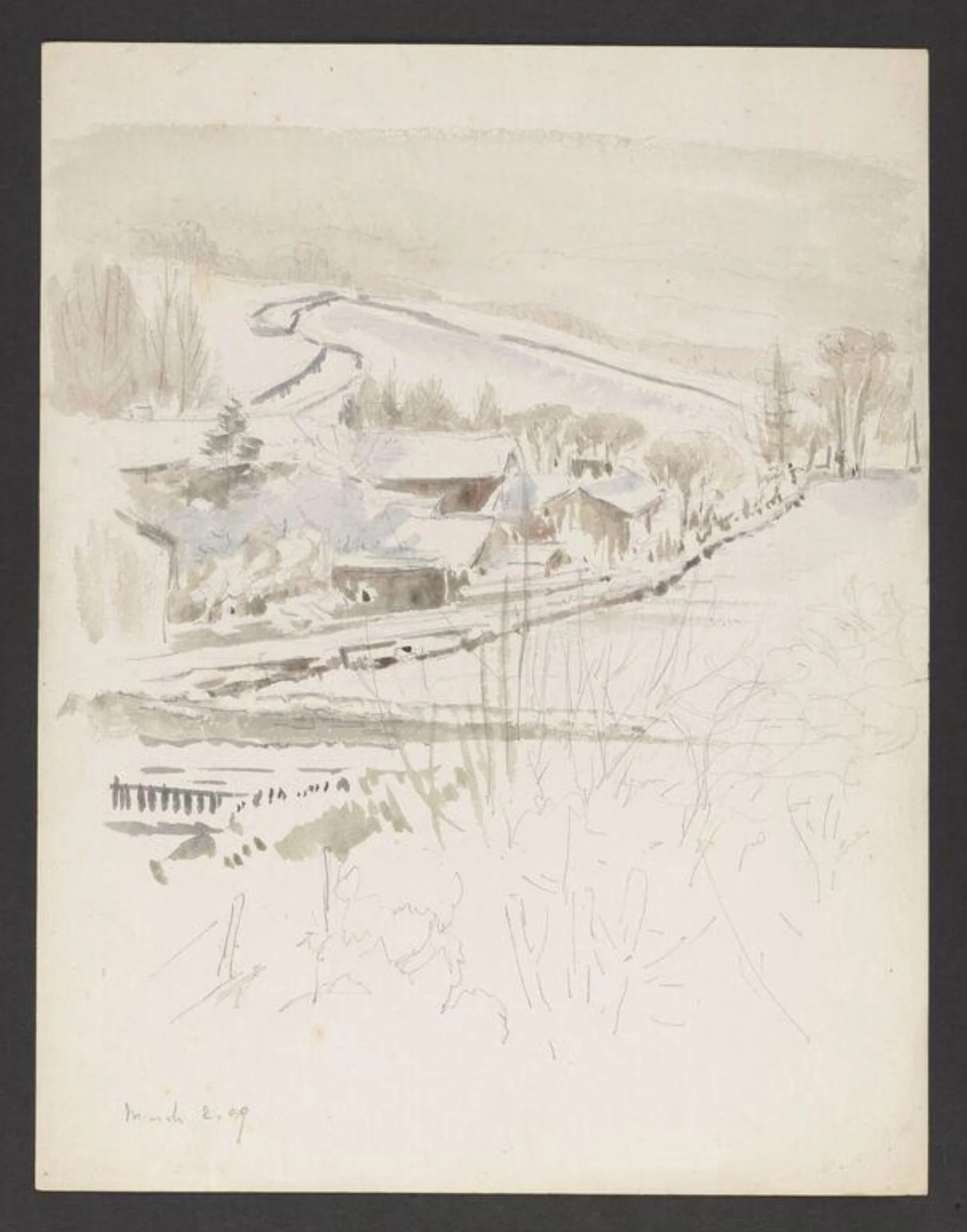 Snow-covered buildings at the foot of a hill, by Beatrix Potter, watercolor, 2