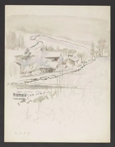 Snow-covered buildings at the foot of a hill