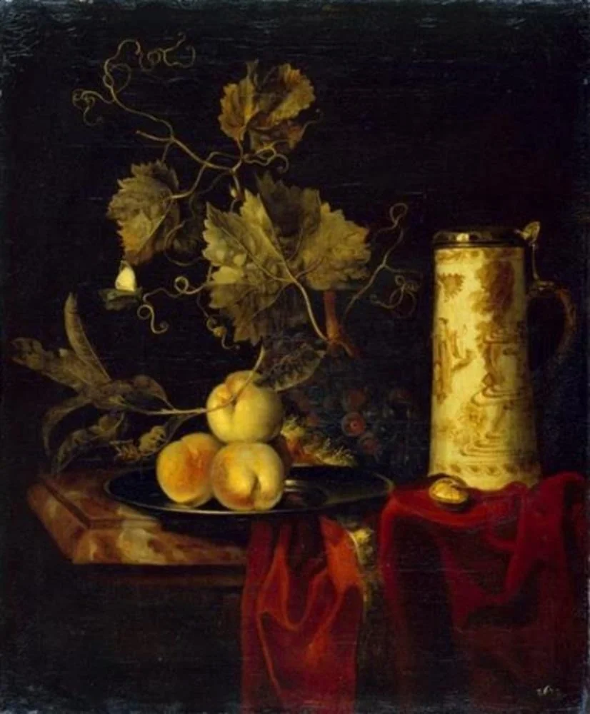 Still life with fruits and beer mug on a dark red robe, by Unknown, oil, 1705