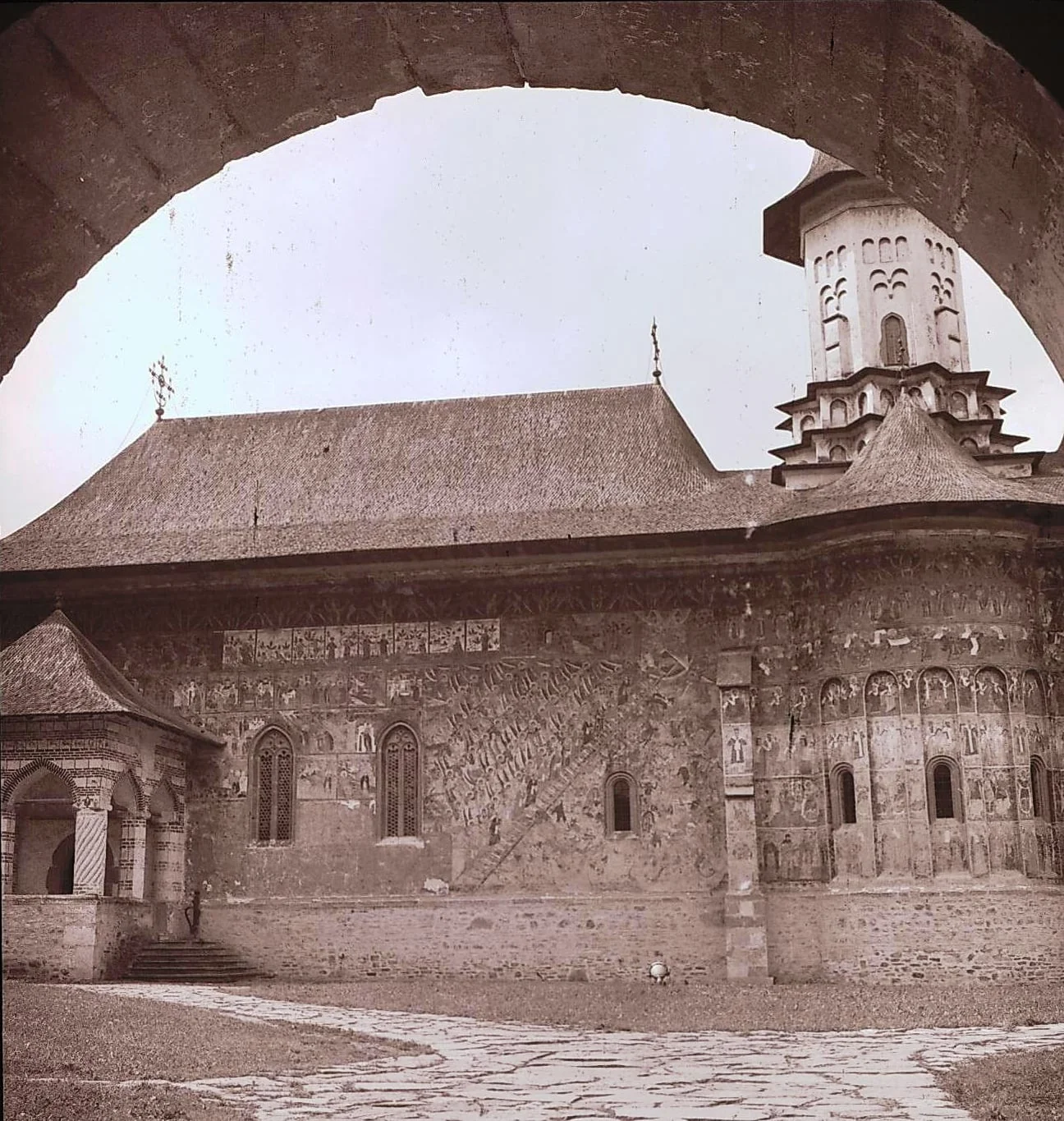 Research Bucovina. Sucevița Church - overview with exterior painting from one of the longitudinal walls (1980), by Ioan George Andron, unspecified, 1980