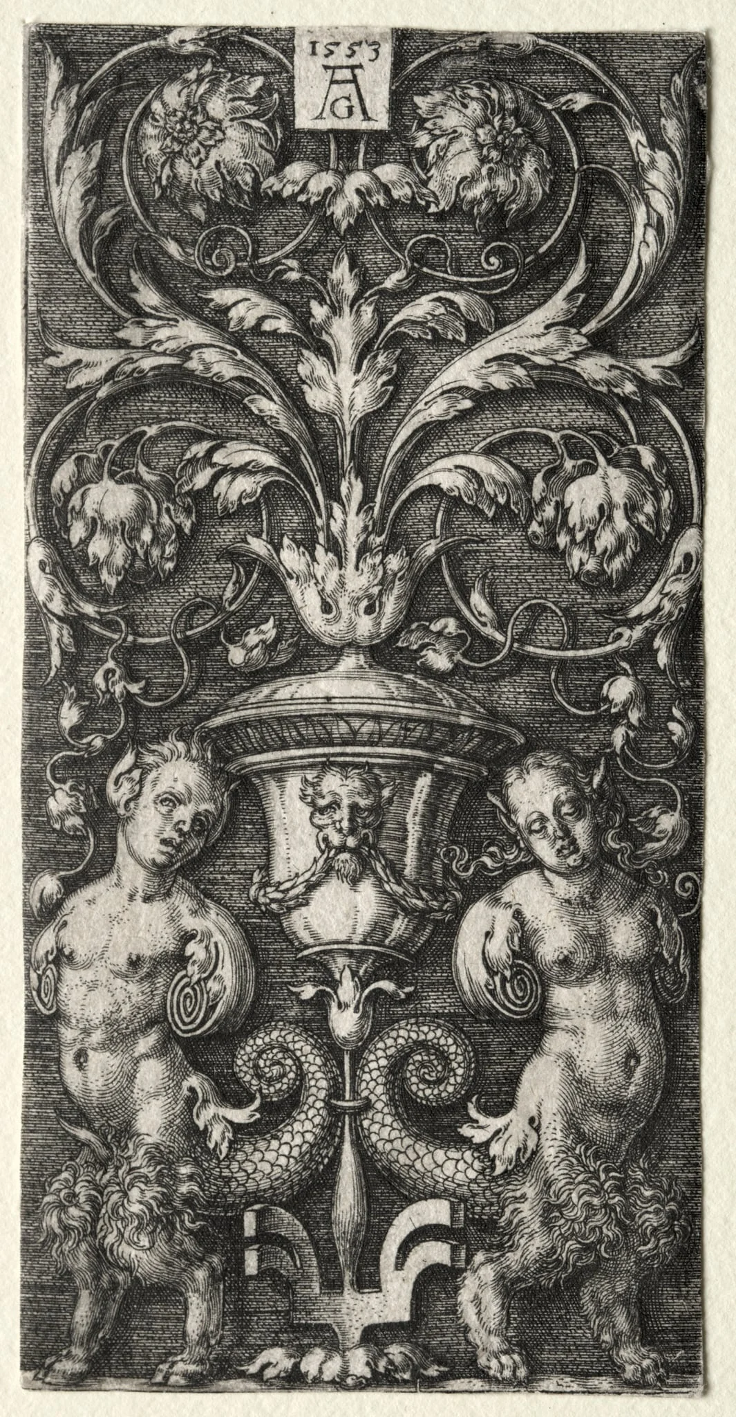 A Vase between Two Chimeric Figures, by Heinrich Aldegrever, 1553