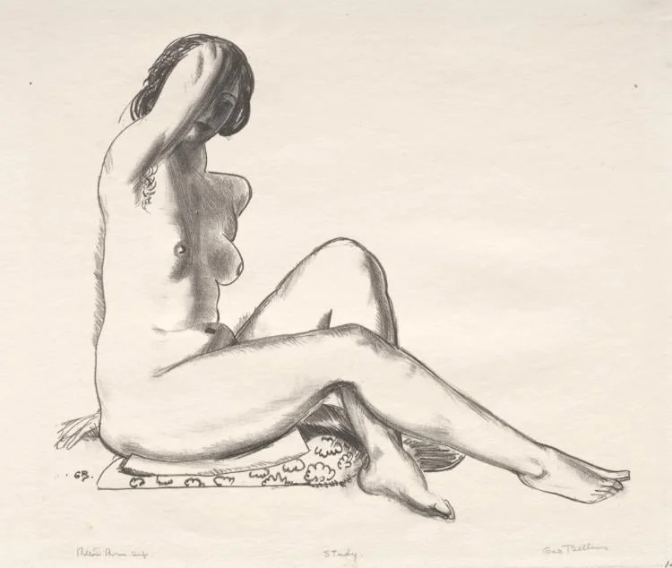Nude Study, Girl Sitting on a Flowered Cushion, by George Bellows, 1924
