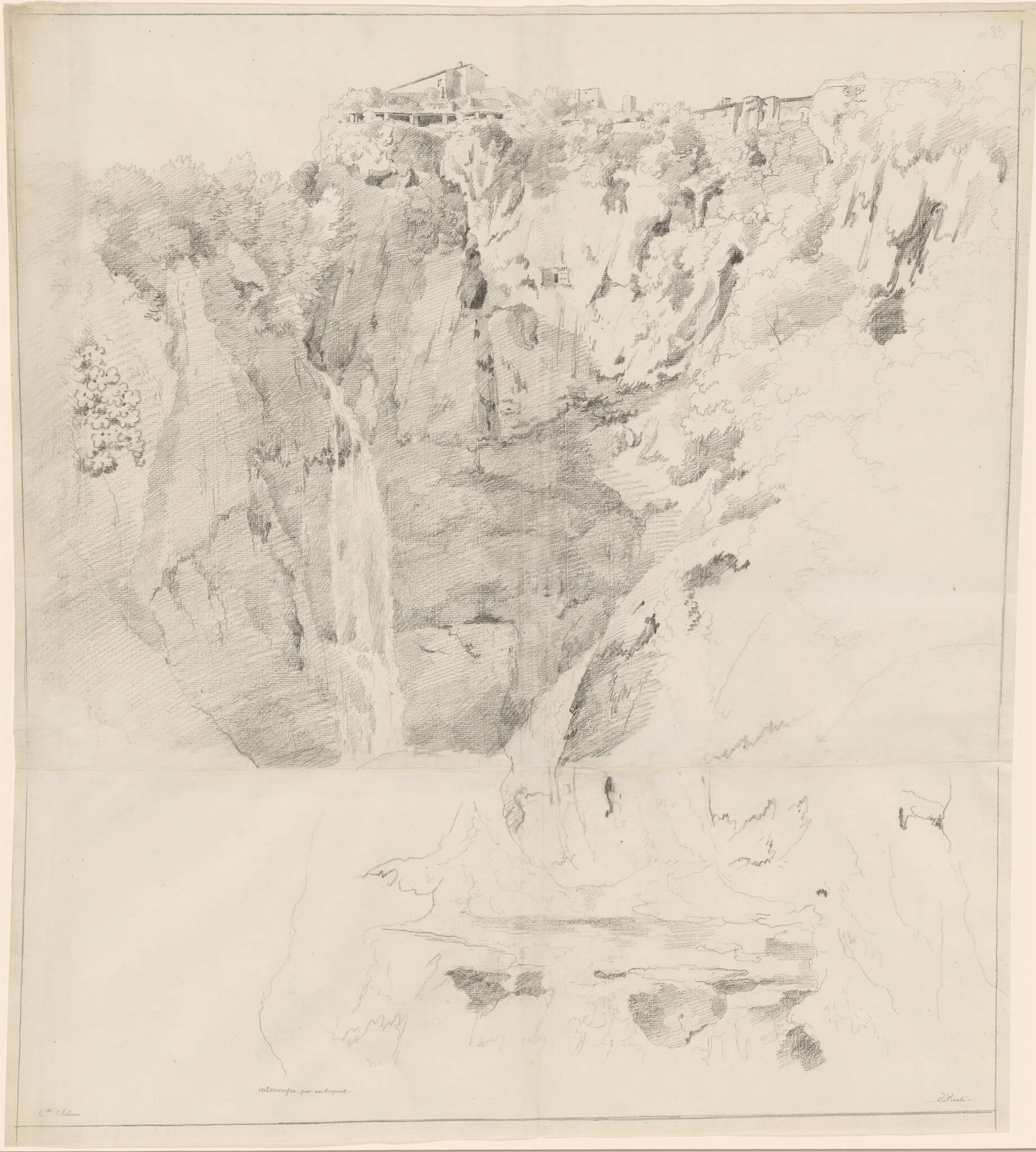 Cliffs with a Waterfall at Tivoli, by Claude Thiénon, chalk, 1809