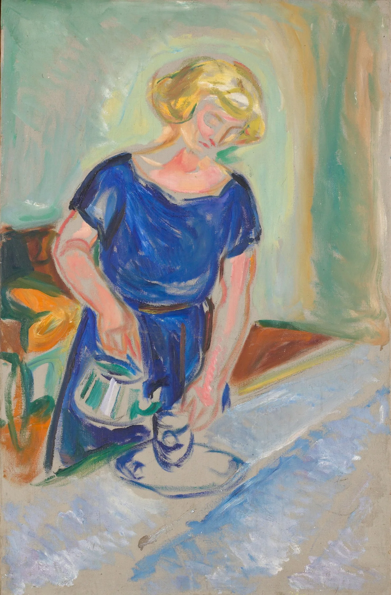Woman in a Blue Dress Pouring Coffee, by Edvard Munch, oil, 1924