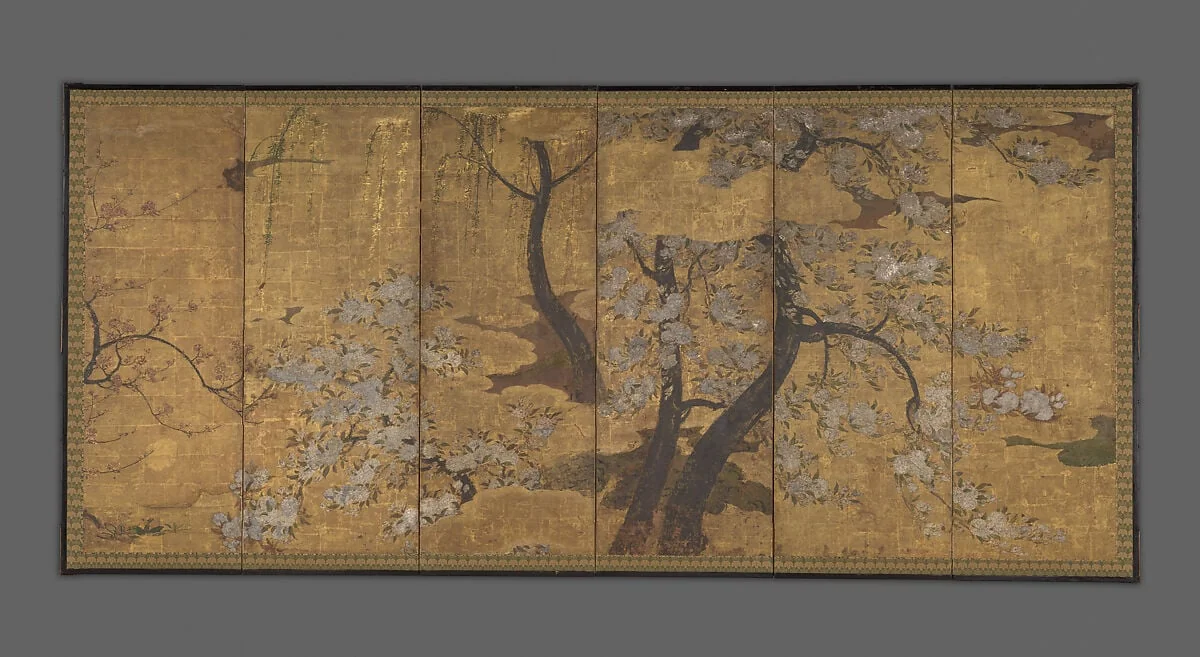 桜梅柳図屏風|Cherry, Plum and Willow Trees, by Unknown, ink, 1616
