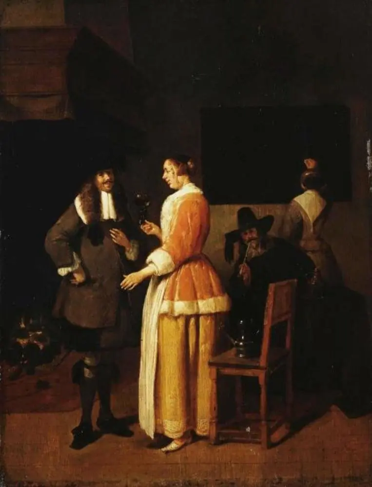 Young Woman Serving Wine to Cavalier