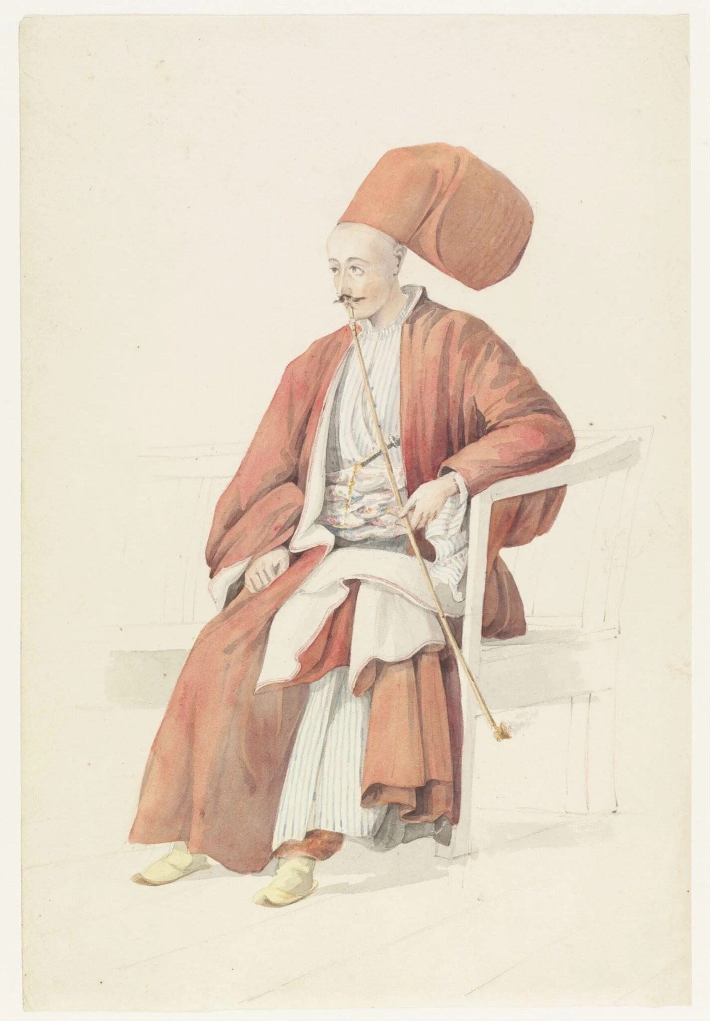 A Bostanci at the Court of the Sultan, seated on a bench, smoking, by William Page, watercolor, 1820