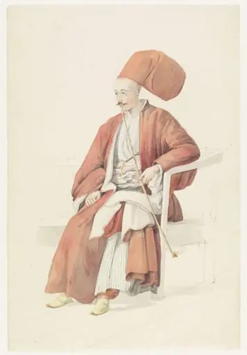 A Bostanci at the Court of the Sultan, seated on a bench, smoking