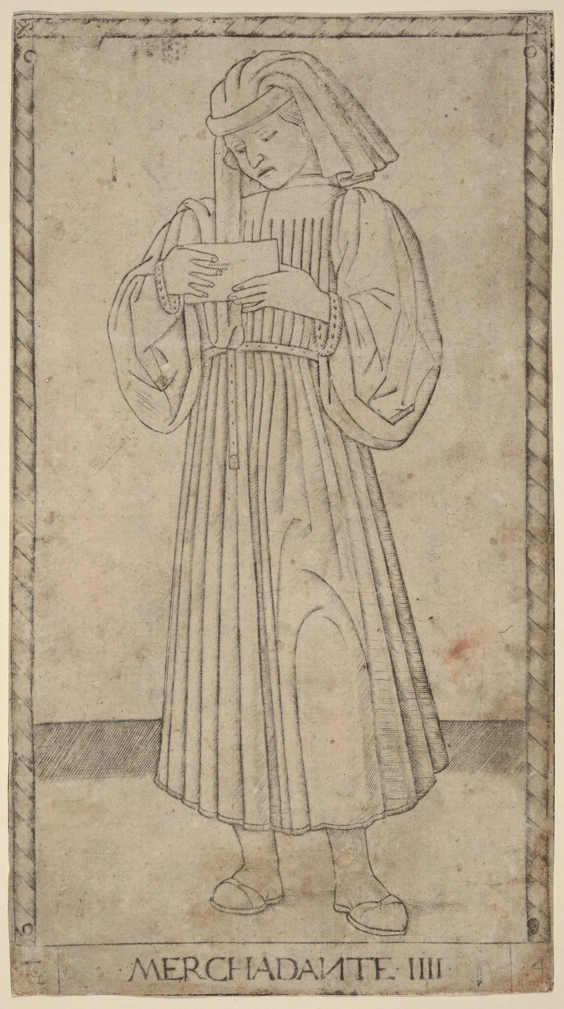 Merchadante (Merchant), by Master of the E-Series Tarocchi, ink, 1465