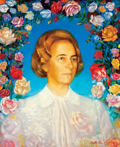 Tablou ”Omagiu” reprezentând-o pe Elena Ceaușescu. În dreapta jos, semnătura artistului și anul - ”Vasile Pop Negreșteanu, 1989”. Tablou comandat și oferit Elenei Ceaușescu de către Uniunea Asociațiilor Studenților Comuniști din România.