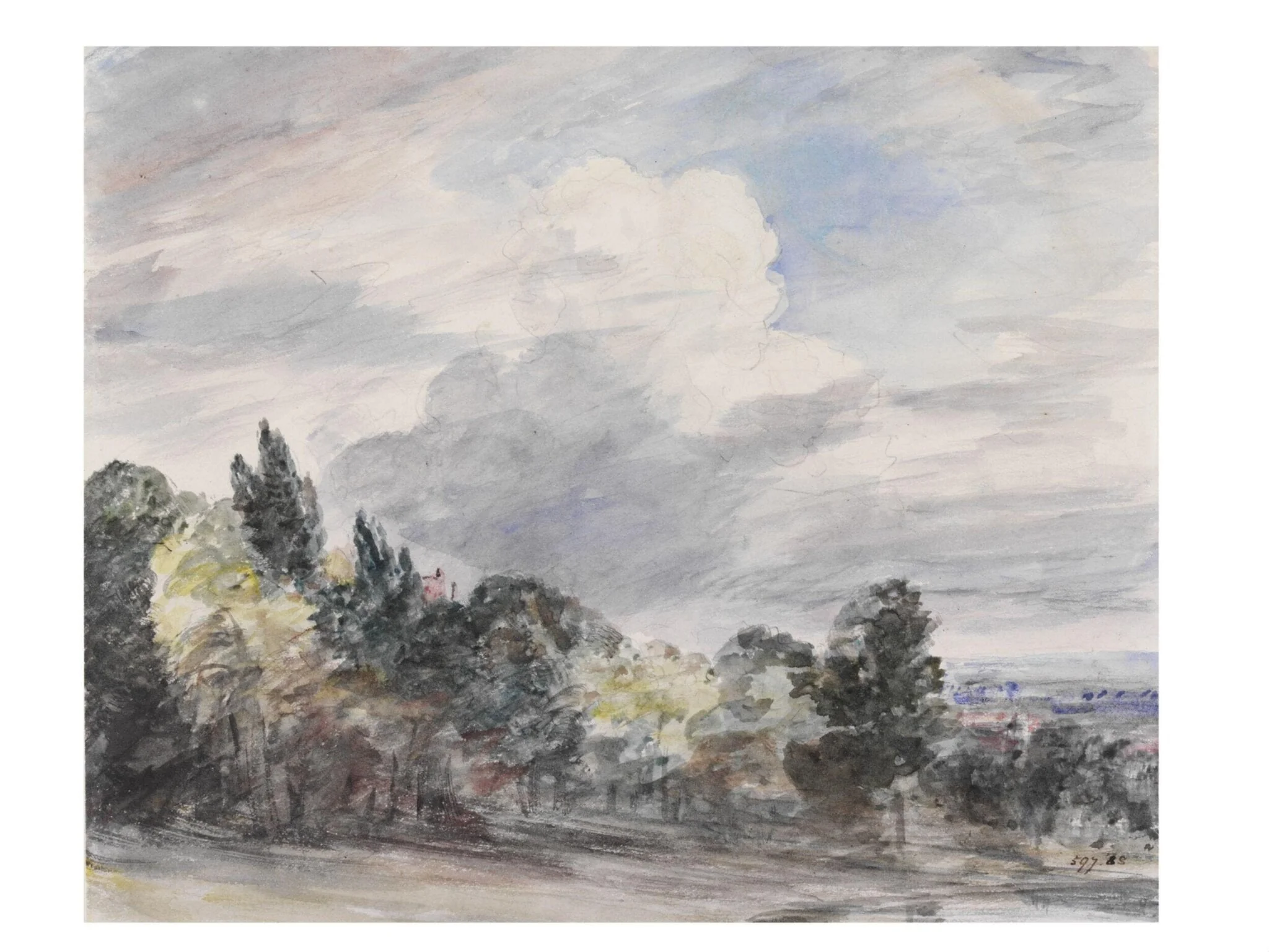 View over a wide landscape, with trees in the foreground