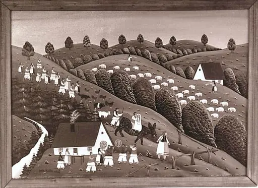Sequences from the Village Museum, naive painting by Petru Mihuțe - The wedding of the poor boy (1988)