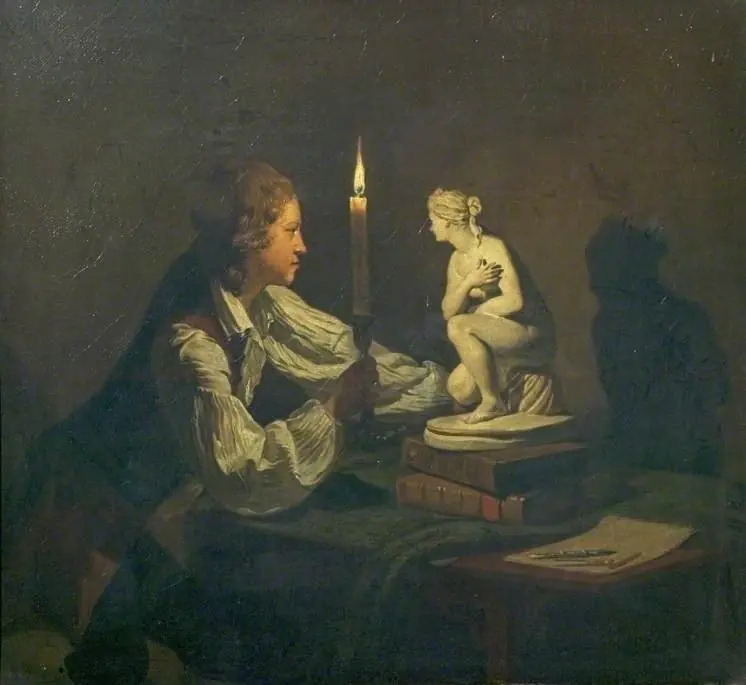 A Boy Admiring a Statuette by Candlelight