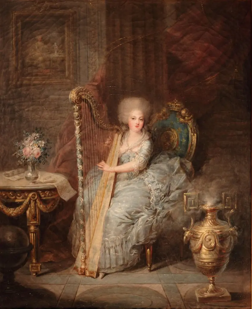 Élisabeth of France seated at her Harp