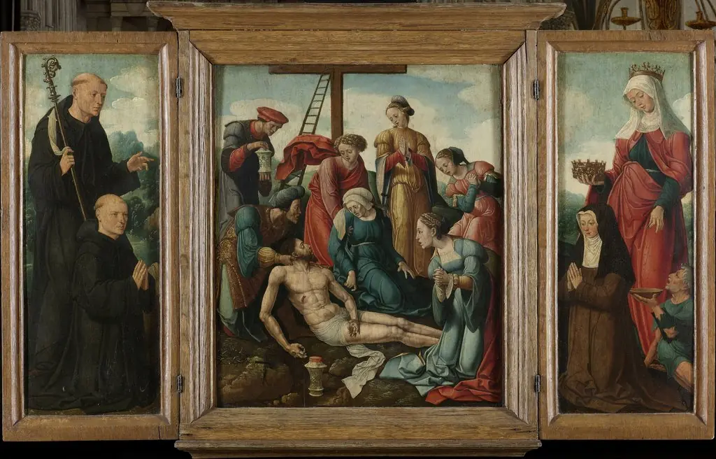 Triptych with the Lamentation of Christ (centre panel), the donor with St Benedict (inner left wing) and the donatrix with St Elizabeth of Thuringia (inner right wing)