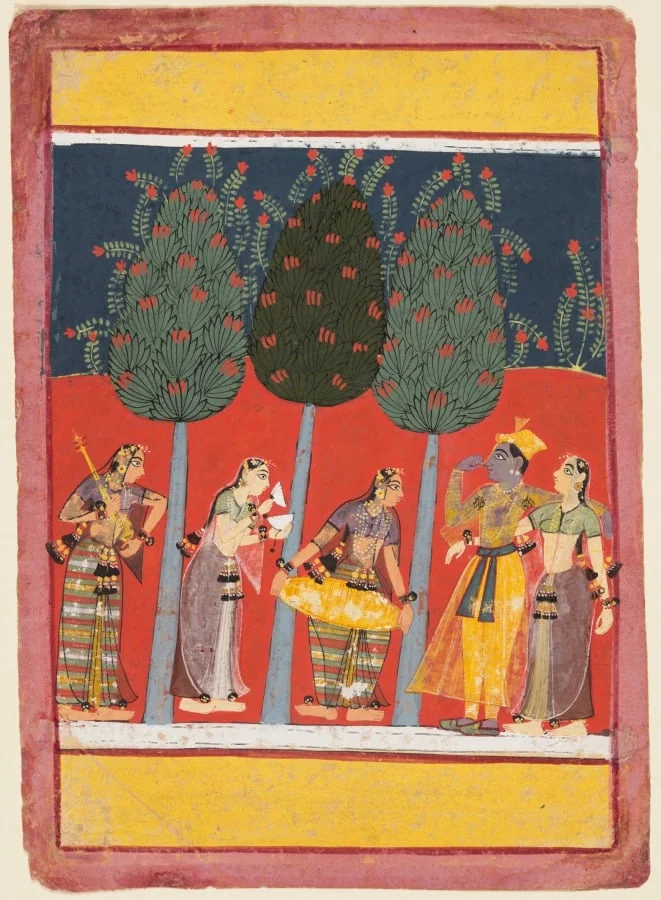 Women Play Music for Radha and Krishna: Chitrini Nayika, from a Rasikapriya, by Unknown, unspecified, 1650