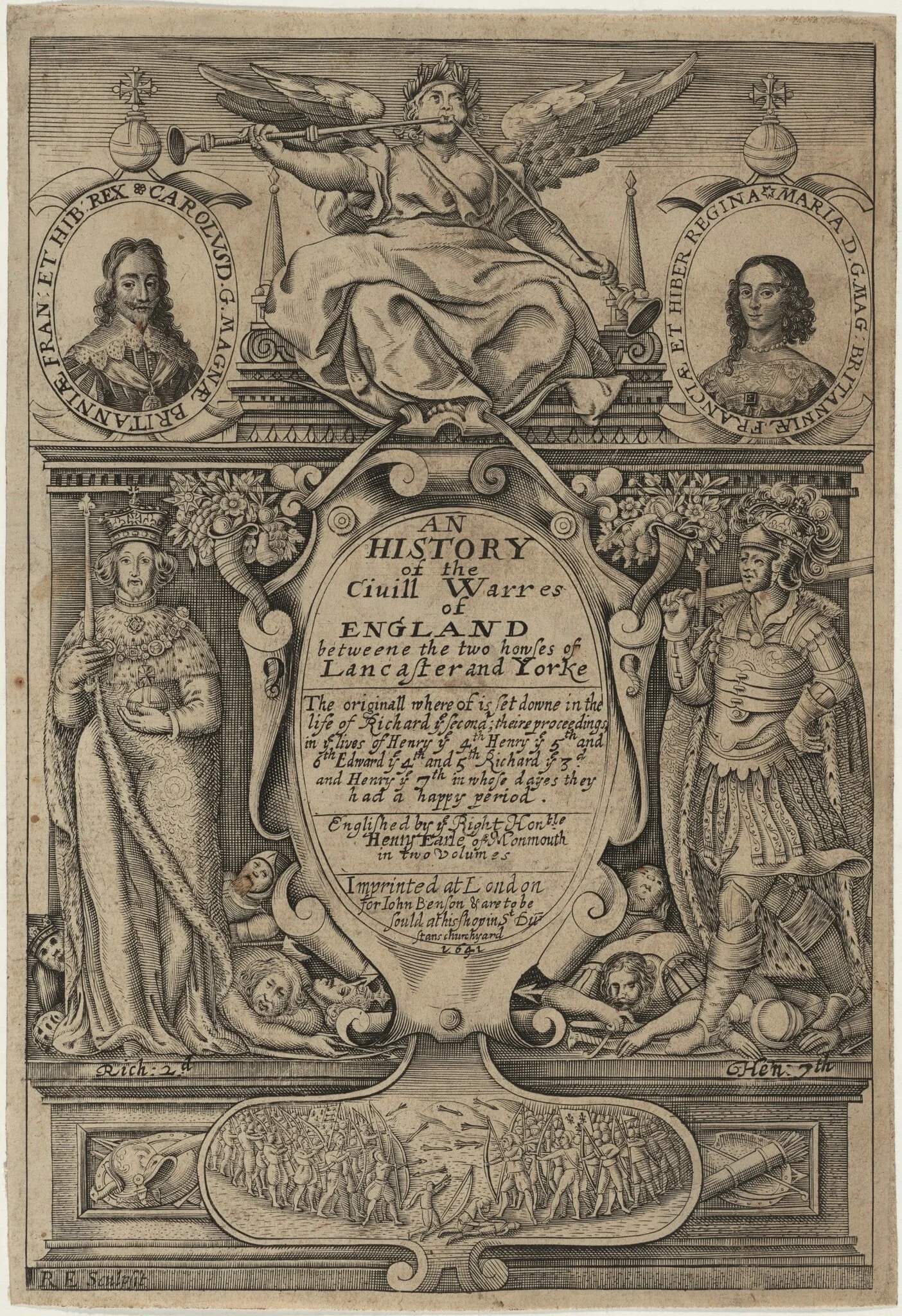 Title page, An History of the Civill Warres of England, by Renold Elstrack, ink, 1641